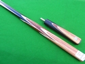 this cue was made with full zebrano butt, with 8 olivewood splies over black inlays, finished with matching zebrano mini butt and personalised nameplates (click to enlarge)