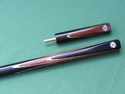 1pc cue with 4 x thuya burr splices over maple inlays, complemented by matching thuya burr mini butt and telescopic extension (click to enlarge)